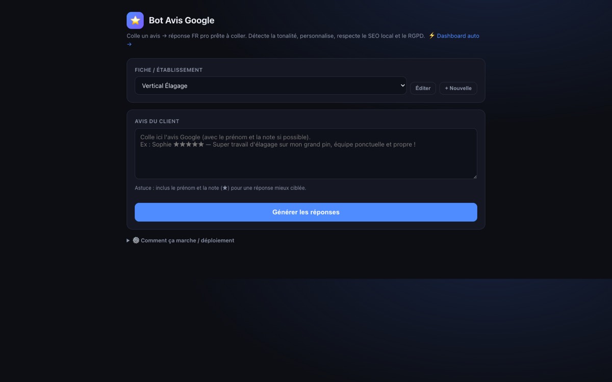 Avis Google Bot — réponses aux avis par IA
